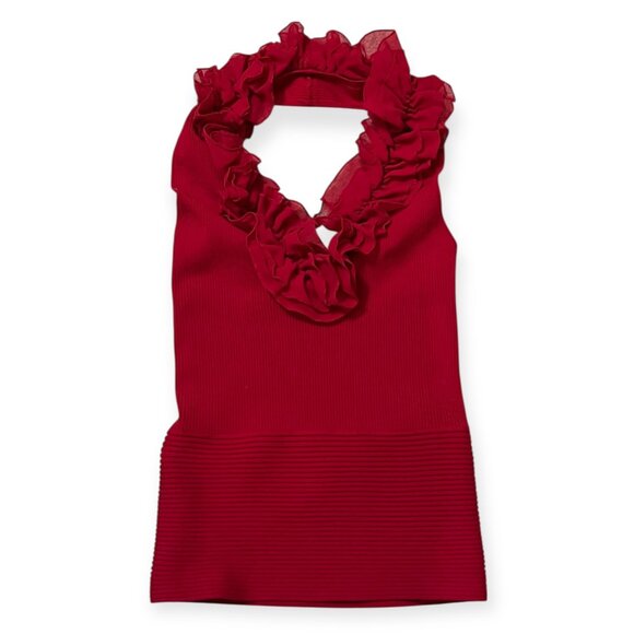 Cache Silk Blend Halter Top Women’s Small – Red Ruffle Chiffon Trim Ribbed Knit - Picture 1 of 7